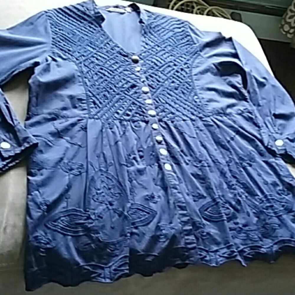 Soft Surroundings Deep Blue Embroidered Smocked Button-Front Blouse